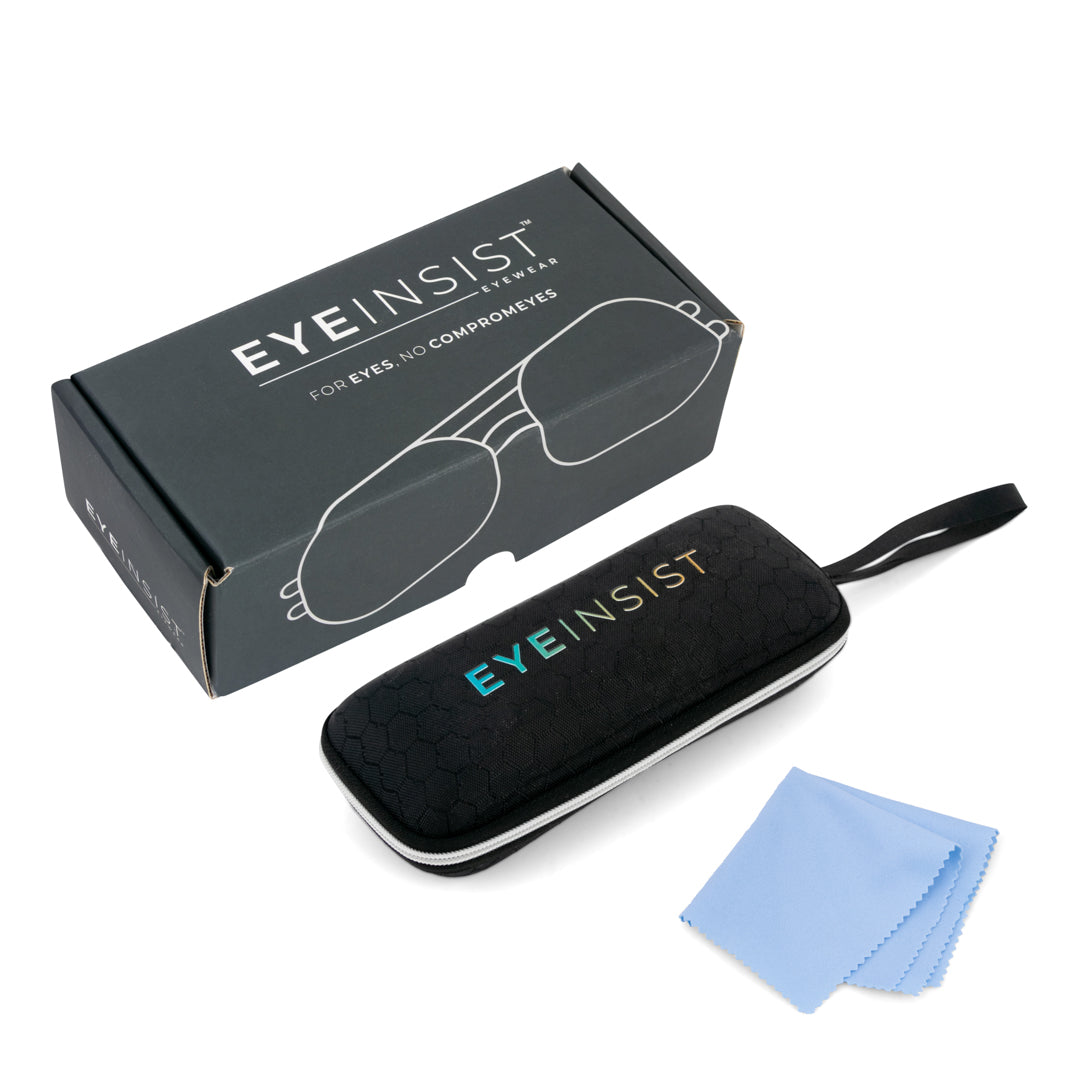 EYEINSIST eyewear case with a blue cleaning cloth on a white background