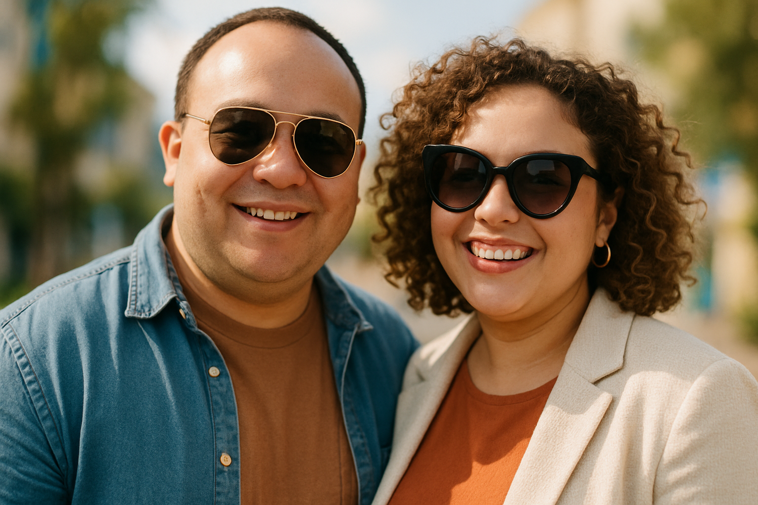 couple with round face wearing sunglasses