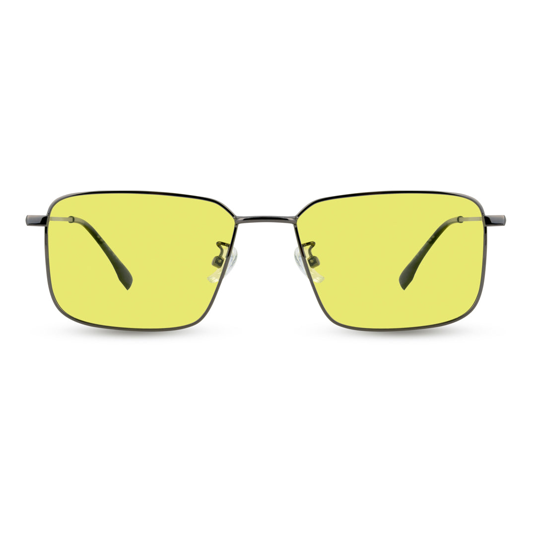 EyeInsist Halo Shift Polarized Photochromic Glasses Front View with Yellow Lenses and Grey Frame