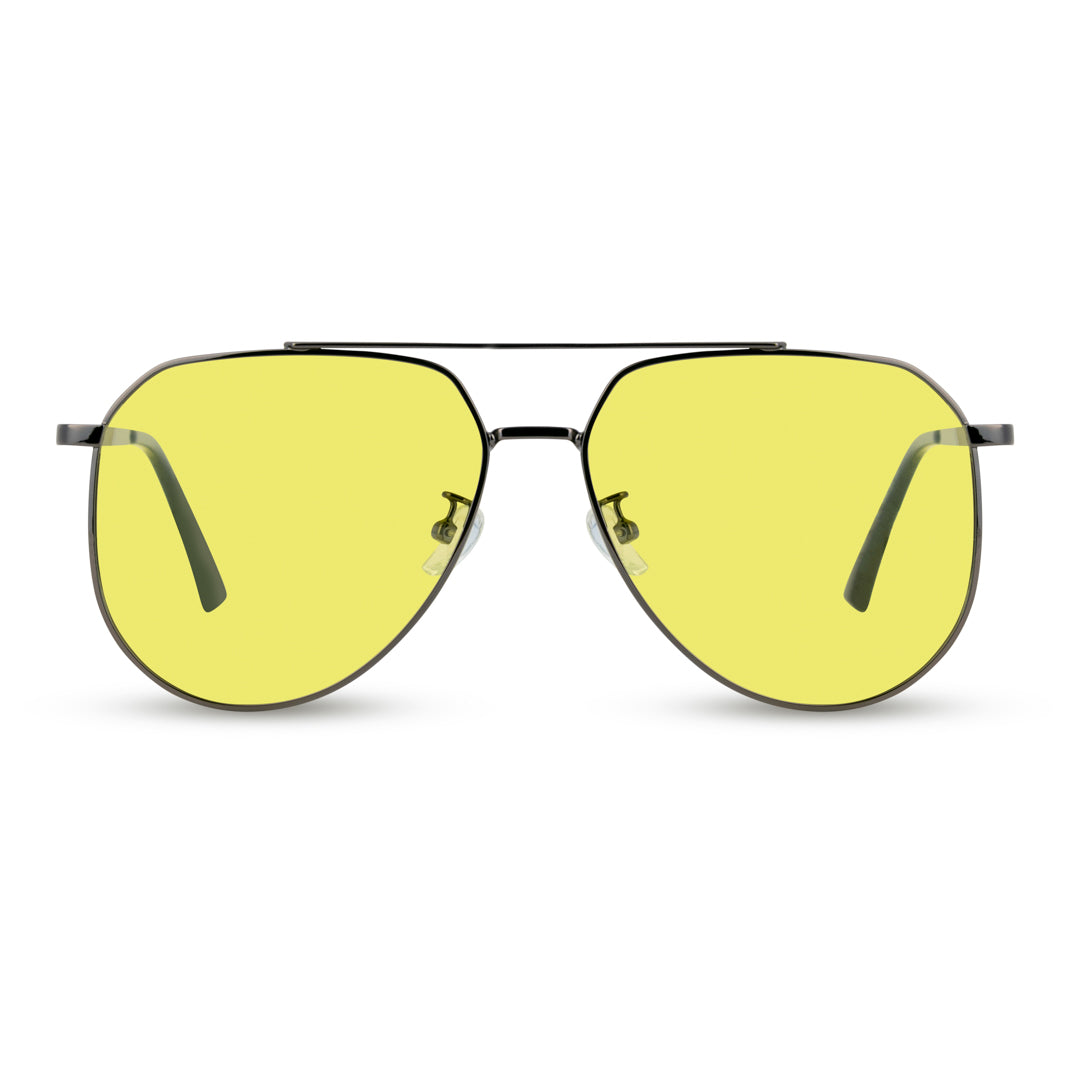 EyeInsist Pilot Beam Polarized Photochromic Glass Sunglasses Front Angle View with Yellow Lenses and Grey Frame