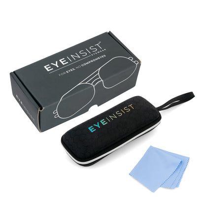 EYEINSIST eyewear case with a blue cleaning cloth on a white background