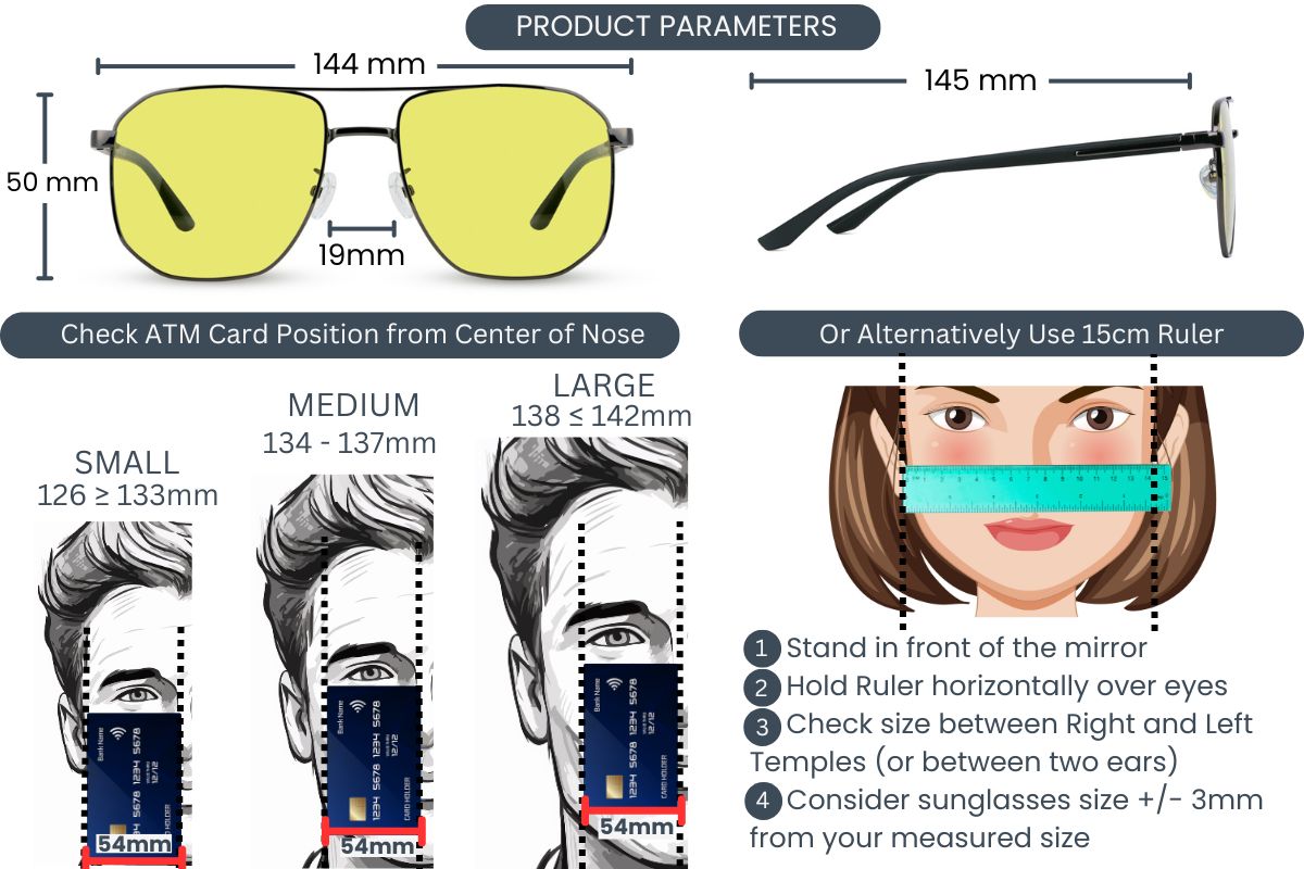 EyeInsist EON Day and Night Auto-Darkening Sunglasses Measurement Guide and Product Parameters