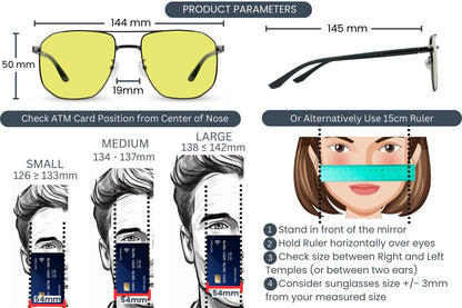 EyeInsist EON Day and Night Auto-Darkening Sunglasses Measurement Guide and Product Parameters