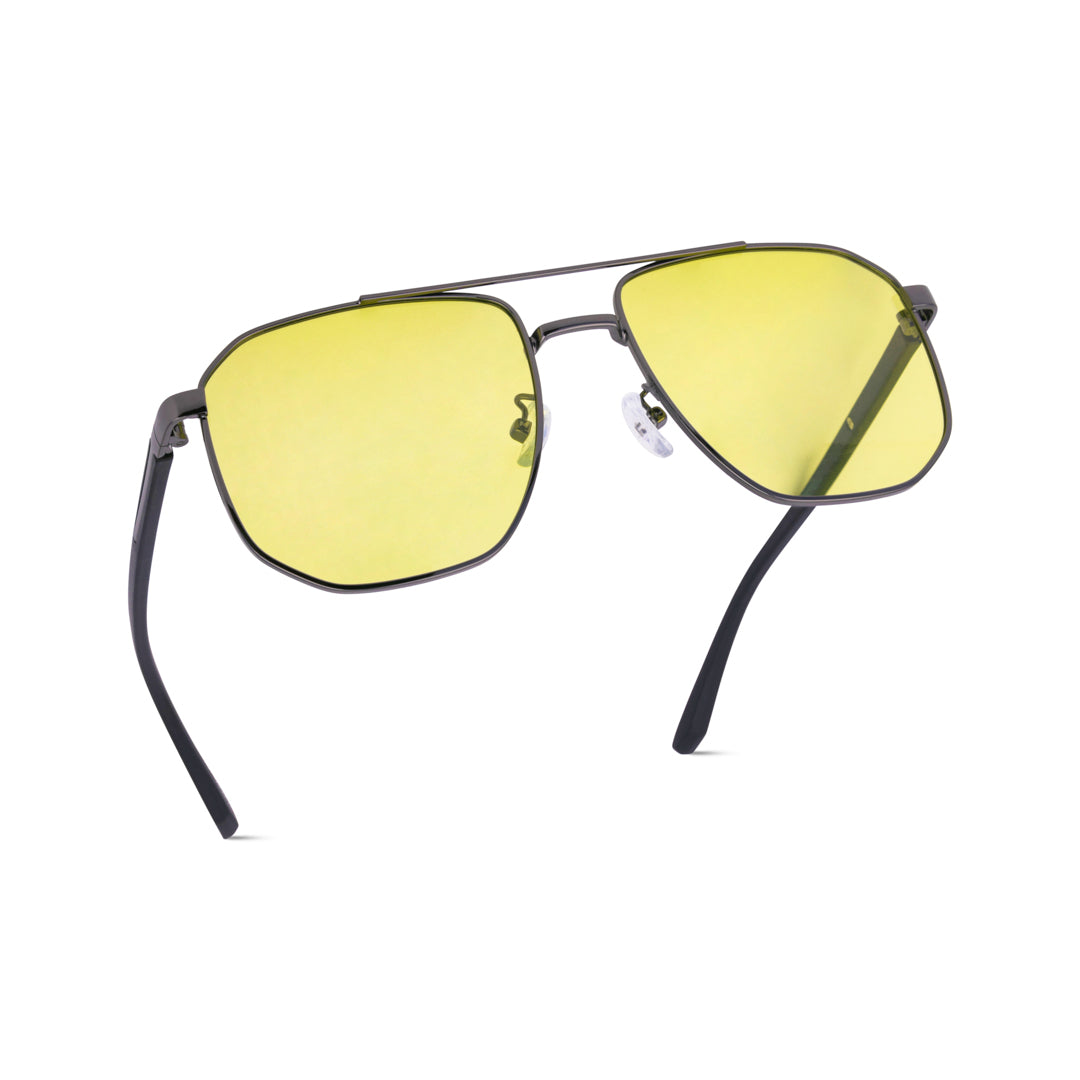 EyeInsist EON Day and Night Auto-Darkening Sunglasses with Yellow lenses and Grey Frame in Cross Angle View