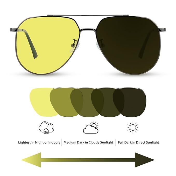 EyeInsist Pilot Beam Polarized Photochromic Glass Sunglasses Front View with Transition Effect of Lenses from Yellow in Night, Medium Dark Yellow in Cloudy Sunlight and Dark Green in Sunlight