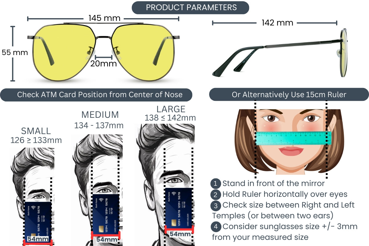 EyeInsist Pilot Beam Polarized Photochromic Glass Sunglasses Measurement Guidelines and Product Parameters