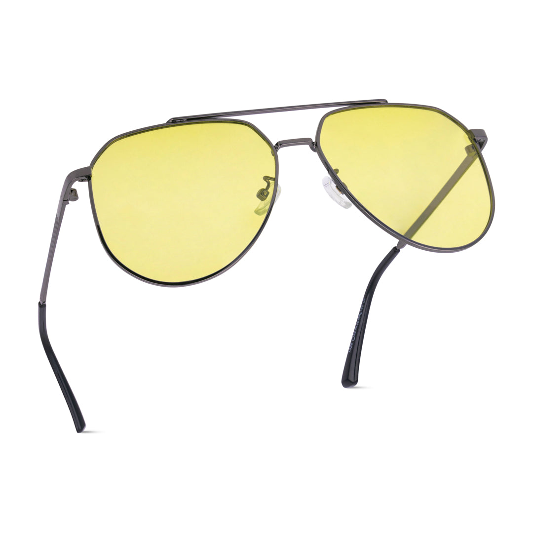 EyeInsist Pilot Beam Polarized Photochromic Glass Sunglasses Cross Angle View with Yellow Lenses and Grey Frame