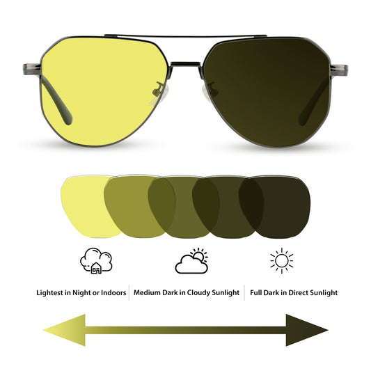 EyeInsist Dusk to Dawn Day and Night Aviator Polarized Night Vision Glasses interchanging from night to day or indoors to outdoors view