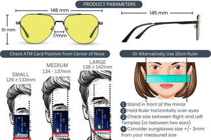 EyeInsist Dusk to Dawn Day and Night Aviator Polarized Night Vision Glasses Dimensions and size measurement guidelines