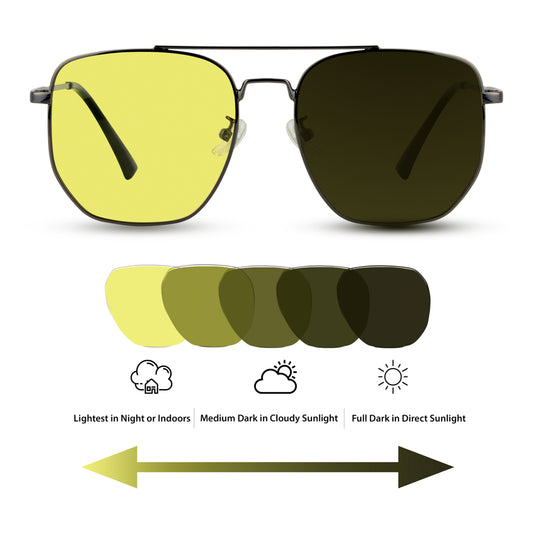 EyeInsist Spectrum Shield Day Night Goggles with Polarized Photochromic Lenses Front View with Color Changing Lenses from Yellow to Dark Green