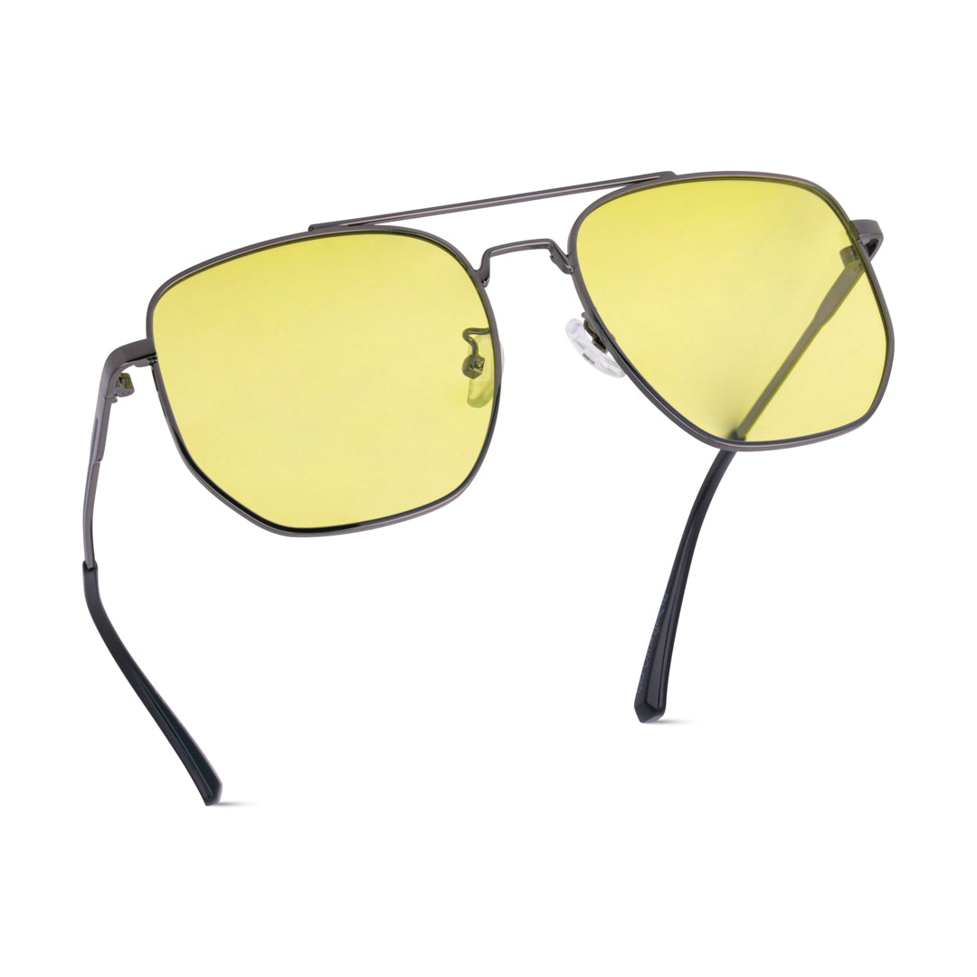 EyeInsist Spectrum Shield Day Night Goggles with Polarized Photochromic Lenses Cross Angle View with Yellow Lenses and Grey Frame