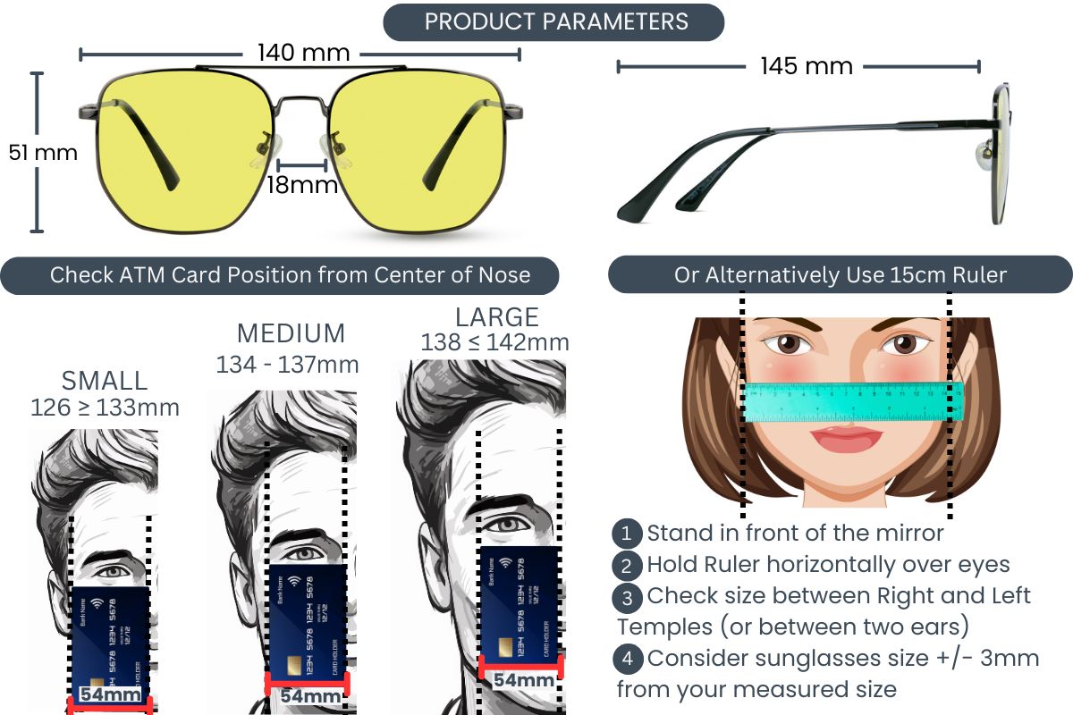 EyeInsist Spectrum Shield Day Night Goggles with Polarized Photochromic Lenses Measurement Guidelines and Product Parameters