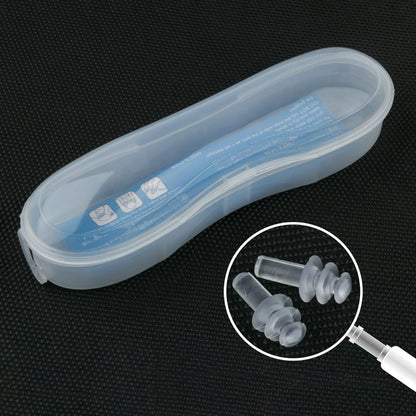 Clear EyeInsist Swimming goggles box with earbuds on a black background